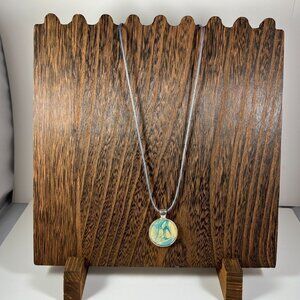 Acrylic Pour Pendant Necklace Blue & Yellow Abstract Art Design